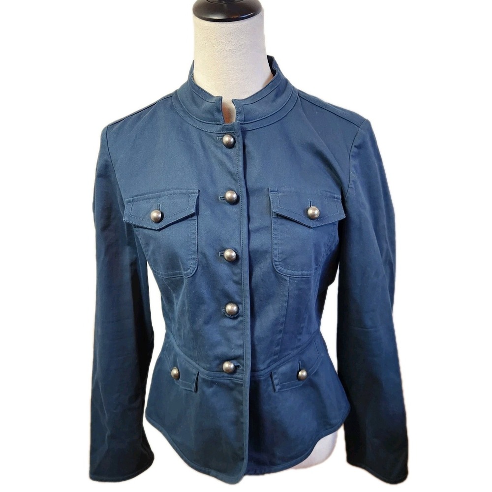 Talbots Petite Military Utility Jacket Size 10 P Teal Blue Stretch Cotton Coat